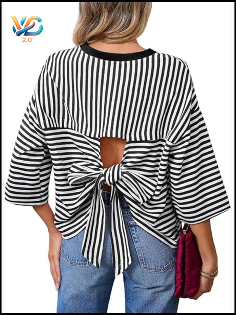 Striped Tie Back Short Sleeve Crewneck T Shirt Oversized Loose Fit Summer Tee